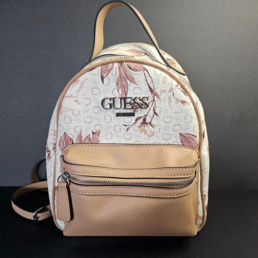 GUESS Women's Nude Tan White Floral Small Backpack/Purse Bag Handbag Logo